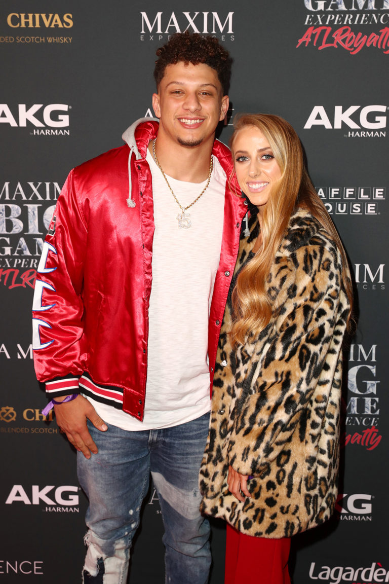 Patrick Mahomes II (L) and Brittany Matthews attends The Maxim Big Game Experience (Photo by Joe Scarnici/Getty Images for Maxim)