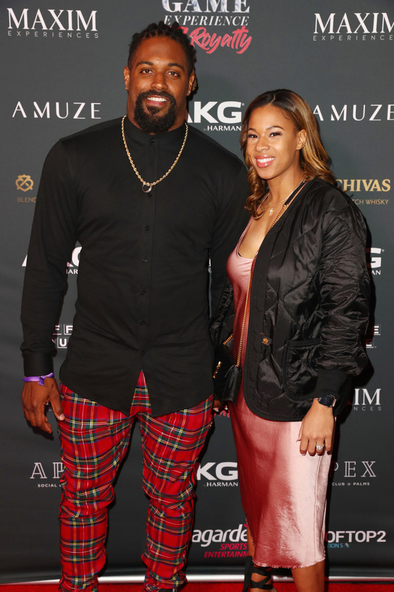 Cameron Jordan (L) and Nikki Jordan attends The Maxim Big Game Experience (Photo by Joe Scarnici/Getty Images for Maxim)